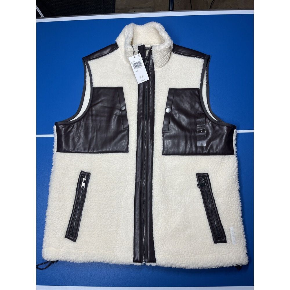 $228...Michael Kors size L Sherpa Full Zip Vest Bone/Brown‎ Winter